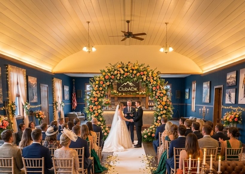 Wedding ceremony inside the Grand Lodge — floral arch, candlelight, guests