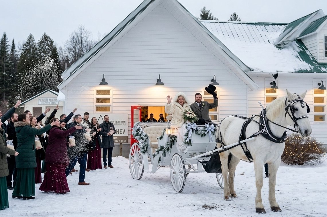 Horse-drawn carriage departure in winter snow